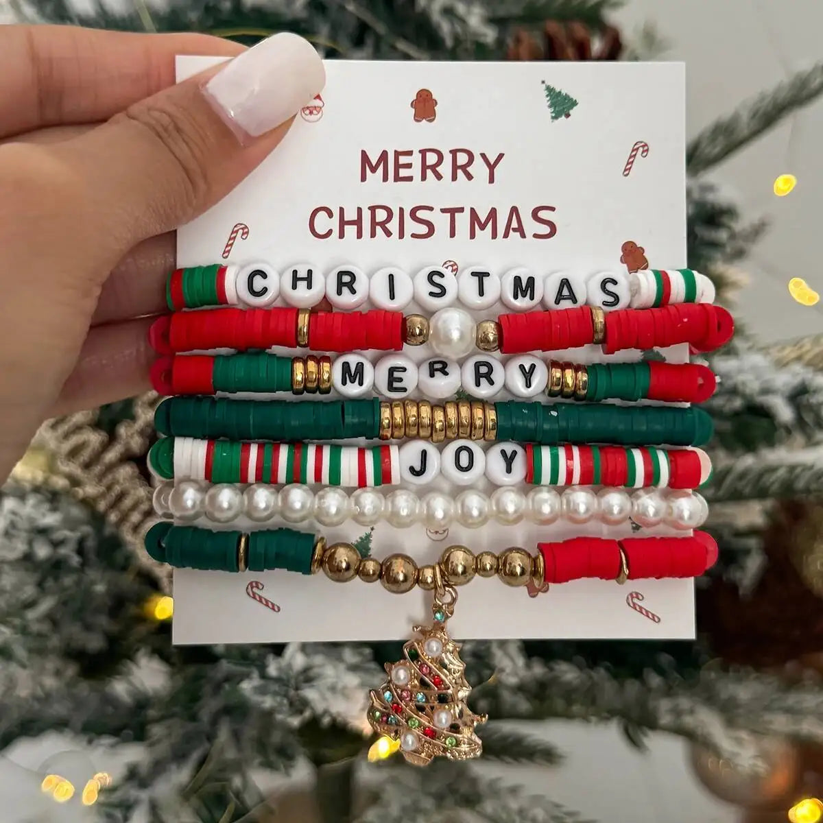 Christmas Tree Pendant Bracelet Set for Women, Colorful Rhinestones, Beaded Jewelry Gift, Merry Christmas, 7Pcs, 2026
