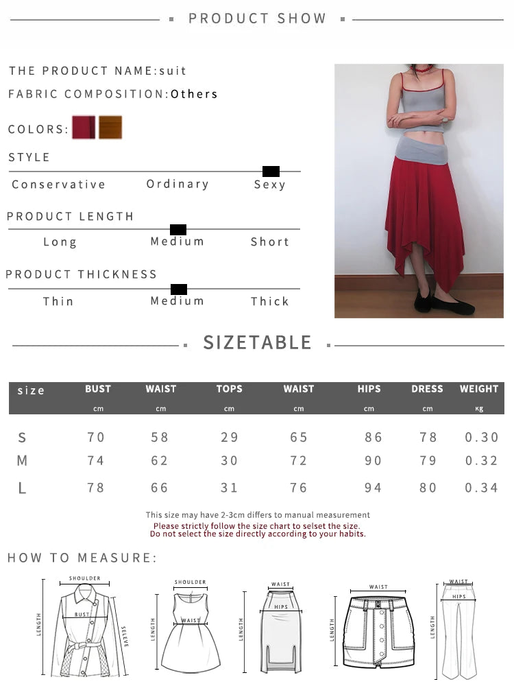 Color Blocking Design 2 Piece Set Woman Low-Neck Backless Navel Exposed Tops+Irregular Hem Long Skirts Elegant Suits