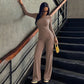 Two Piece Matching Set Asymmetric Long Sleeve Top and High Waist Wide Leg Pants Elegant Fall Outfits Woman