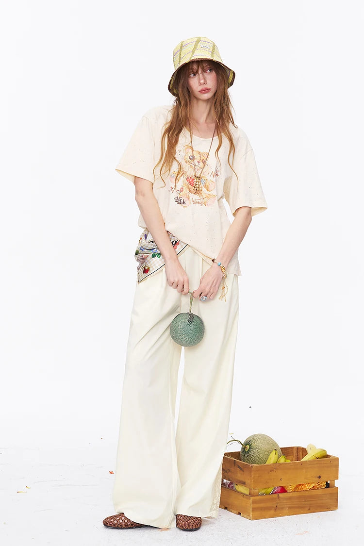 Lace Trim Wide Leg Elastic Waist Pants, Lightweight Casual Trousers, Romantic Versatile Daily Wear for Women