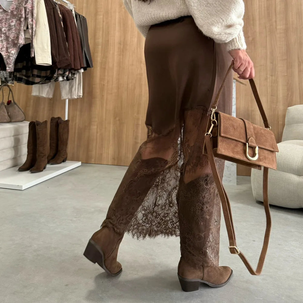 Women Patchwork Lace Skirts 2026 New High Waist Slim Hollow Out Maxi Skirts Autumn Brown Fashion Party Club Boho Skirt