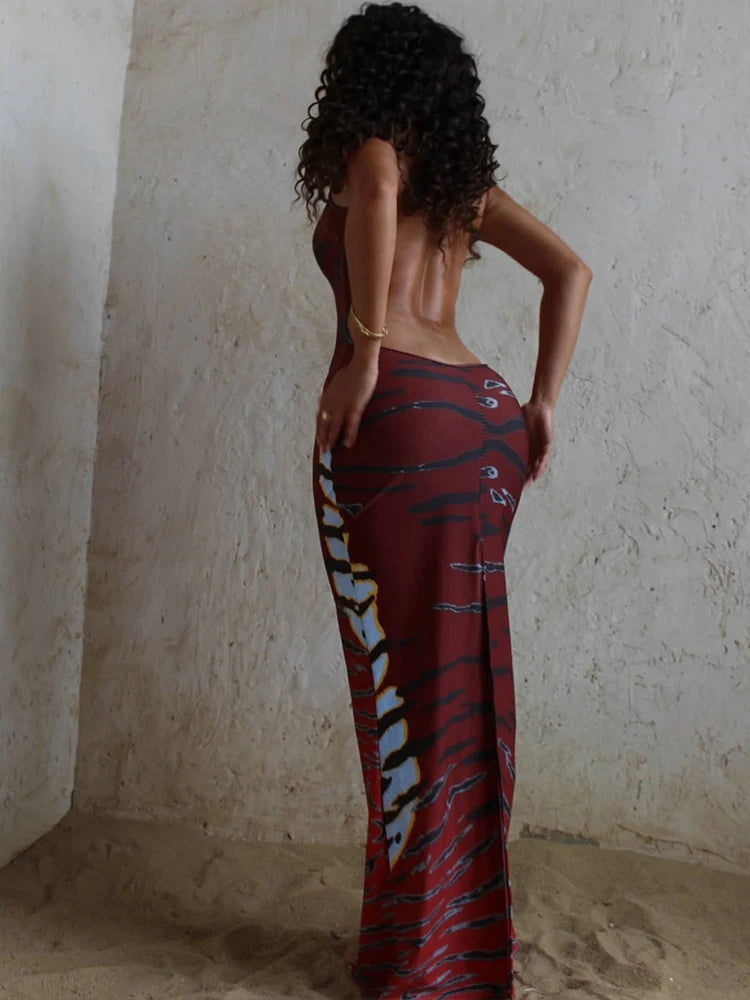 Backless Maxi Dress Women Sleeveless Leopard Print Sexy Skinny Clubwear Stretch Tight Beach Vacation Slim Vestidos