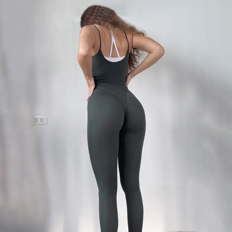 Patchwork Bodycon Halter Backless Jumpsuit Women Leggings Sports Yoga Clothes One Piece Outfits Active Wear