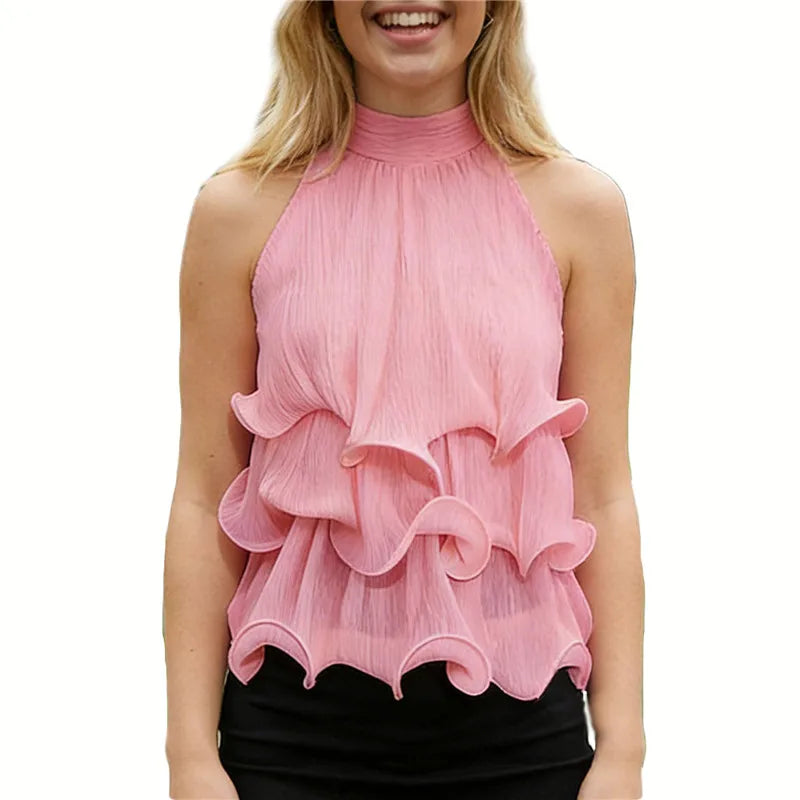 Women Halter Ruffle Crop Top Backless Tie Sleeveless Textured Blouse Y2K Aesthetic Daily Wear Party Summer Streetwear