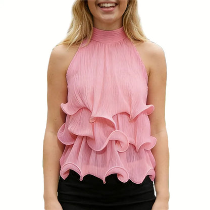 Women Halter Ruffle Crop Top Backless Tie Sleeveless Textured Blouse Y2K Aesthetic Daily Wear Party Summer Streetwear
