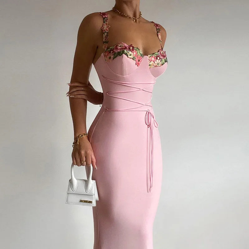Floral Embroidery Pink Backless Long Dresses Elegant Holiday Wedding Party Dress Going Out Outfits for Woman