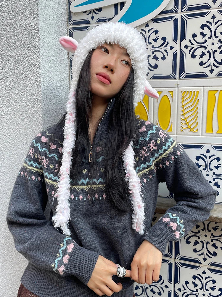 Y2K Sweet Macaron Goat Ear Pom Pom Beanie For Women