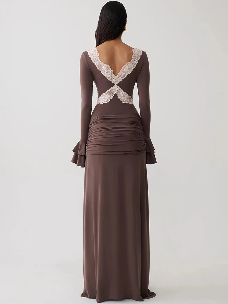 Women V‑Neck Lace Patchwork Sexy Maxi Dress Long Flare Sleeve Bodycon Mermaid Evening Dress  Party Wedding Guest Dress