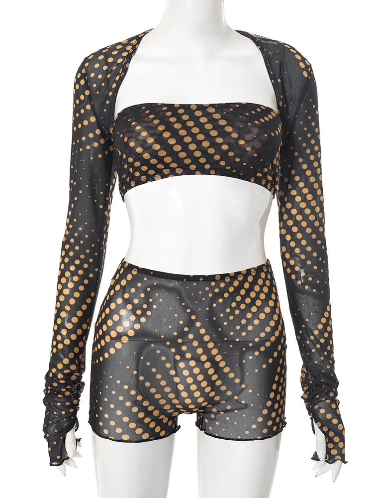 Polka Print 3 Piece Set Women Full Sleeve Shawl+Mini Strapless Tops+Skinny Shorts Hottie Midnight Sexy Fashion Suits