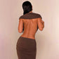 Deep V Neck Backless Ruched Maxi Dresses 2026 Woman Sexy Party Dress Brown