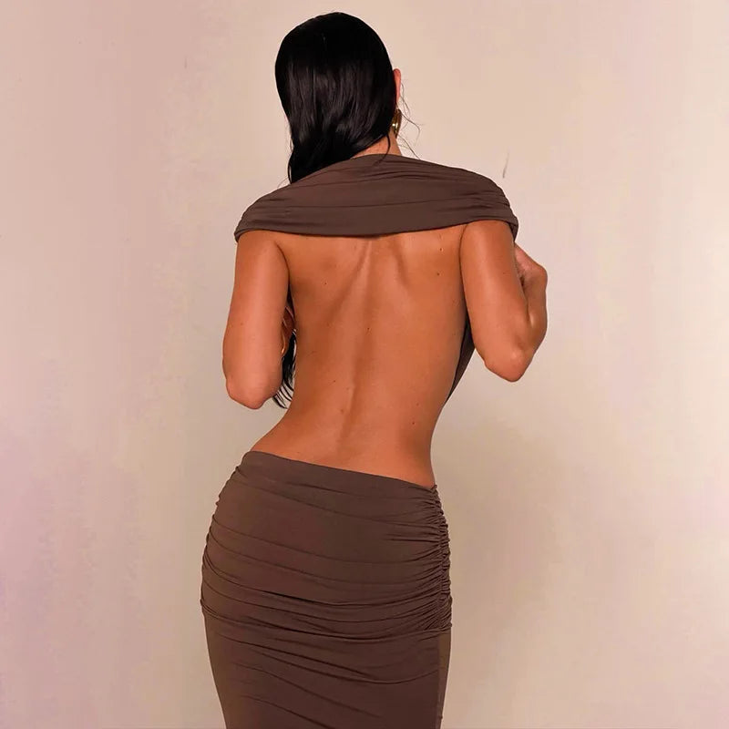 Deep V Neck Backless Ruched Maxi Dresses 2026 Woman Sexy Party Dress Brown