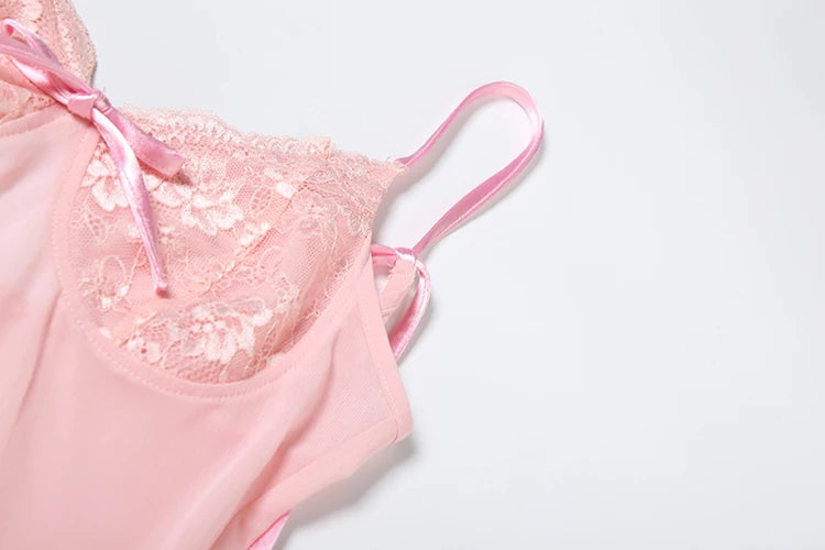 Lace Patchwork Dress Women Backless Bow Lace-Up Sleeveless Thinny Pleated Solid Midnight Clubwear Party Mini Bodycon