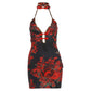 Retro Red Floral Print Halter Cheongsam Dress Sexy Club Outfits Hollow Backless Mini Dresses Woman Clothing