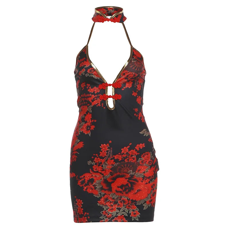 Retro Red Floral Print Halter Cheongsam Dress Sexy Club Outfits Hollow Backless Mini Dresses Woman Clothing