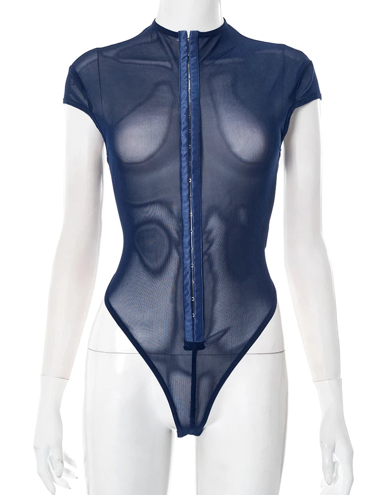 Sexy Coquette Bodysuit Women Mesh Hipster Basic Sleeveless Single-Breasted Stretch Clubwear Midnight Tight Body Tops