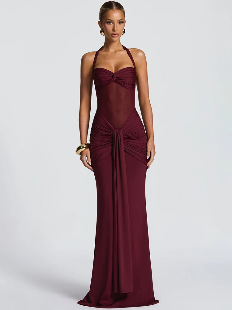 Halter Backless Sexy Maxi Dress Women Fashion Patchwork Off-shoulder Sleeveless Ruched Draped Bodycon Club Party Dress