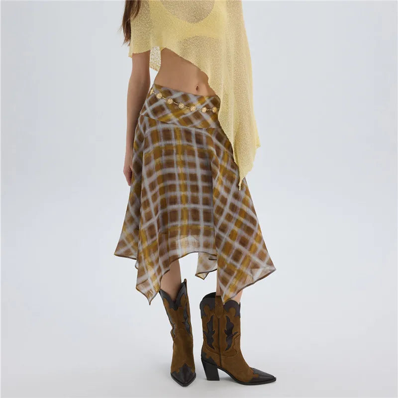 Low Waist Plaid Asymmetrical Hanky Hem Skirt Women Lightweight Flowy Chiffon Midi Skirt Retro Check Streetwear Skirt