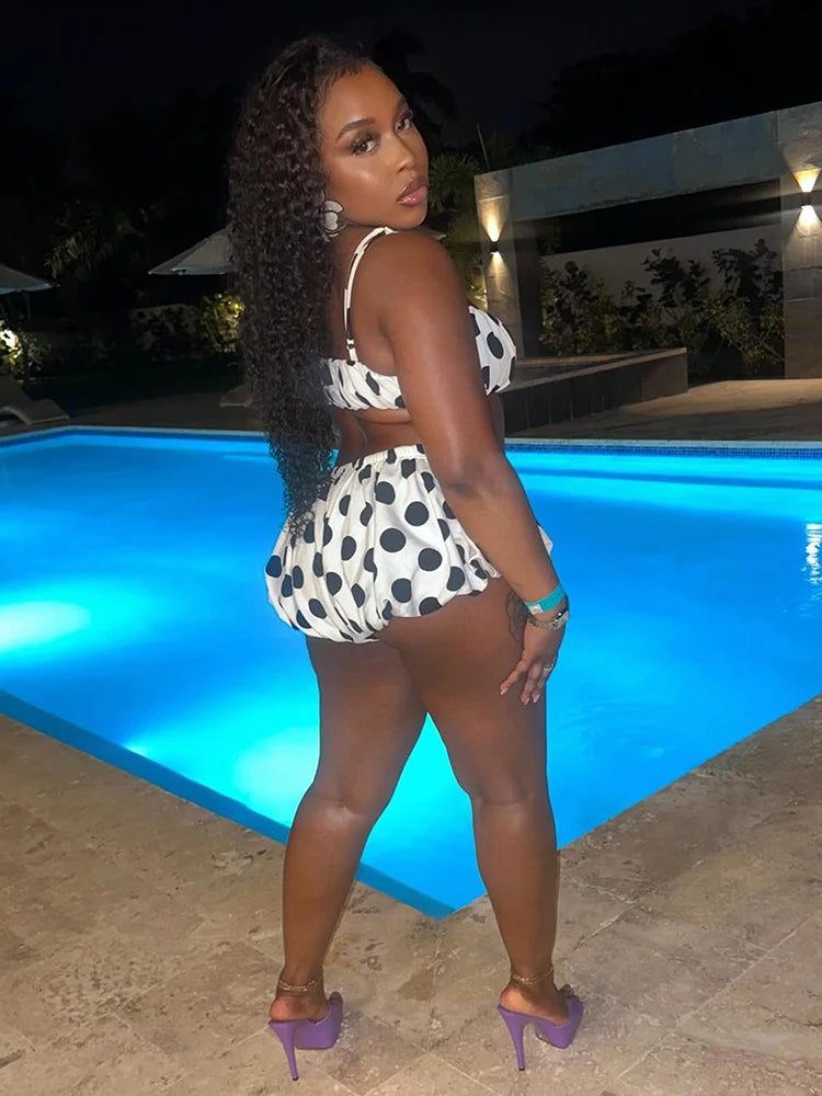 Polka Dot Print 2 Piece Set Women Fashion Ruched Bra Camisole+Elastic Waist Mini Shorts Sexy Beach Vacation Clubwear