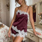 2 Piece Pajamas Sets for Women Summer Solid Sleeveless Lace Patchwork Cami Tops + Elastic Waist Shorts Loungewear