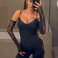 Lace Long Sleeve Sexy Playsuit Women Romper Black Patchwork Spaghetti Strap Off-shoulder Backless Club Playsuits