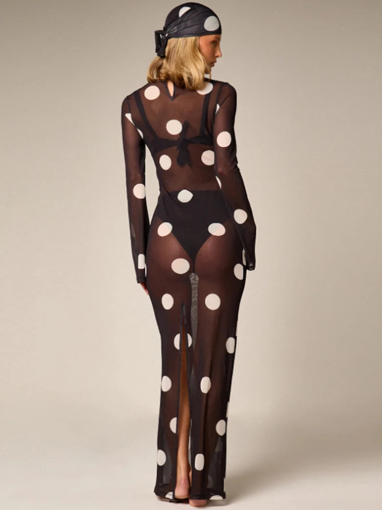 Mesh See Through Long Dress+Headscarf Woman Autumn Trend Polka Dot Print o-Neck Full Sleeve Sexy Fashion Vestidos