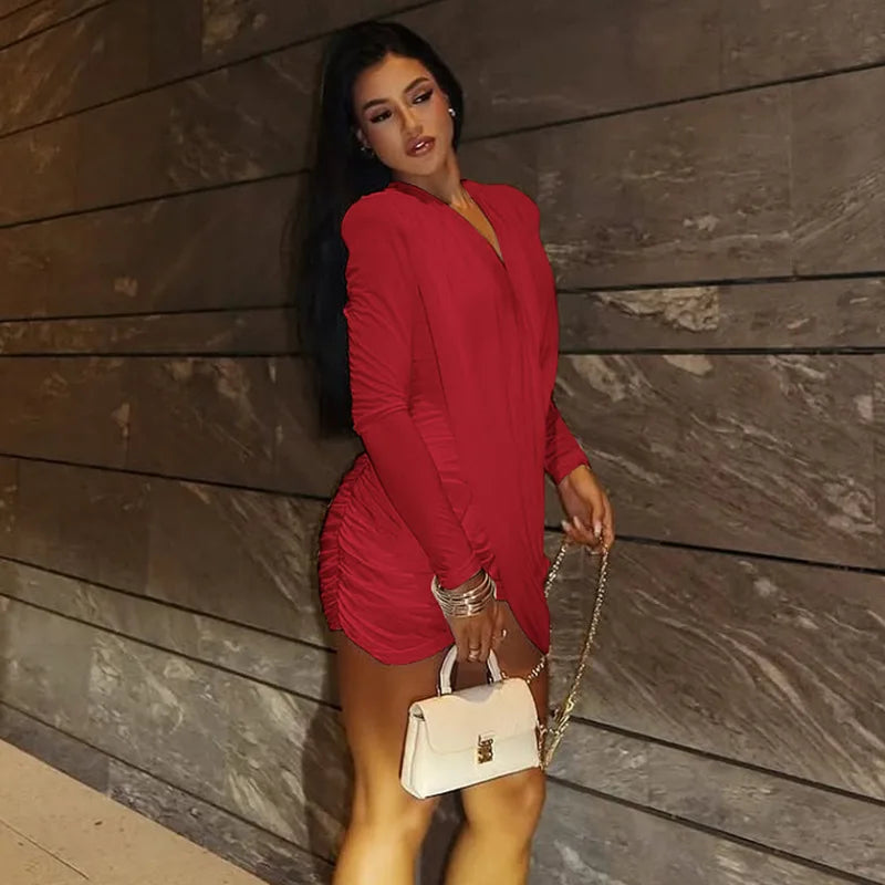 Deep V Neck Ruched Long Sleeve Mini Dress Woman Clothes Fall Sexy White Dresses Nightclub Outfits