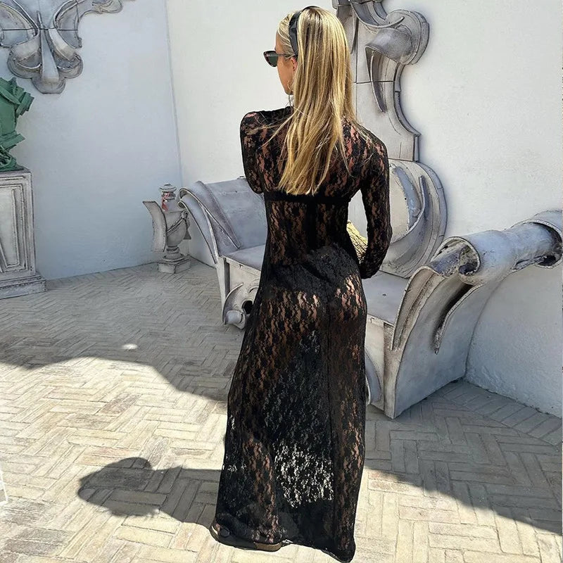 See Through Flower Lace Mesh Sexy Black Dresses for Women Long Sleeve Maxi Dress Fall 2023 Fashion Clothes