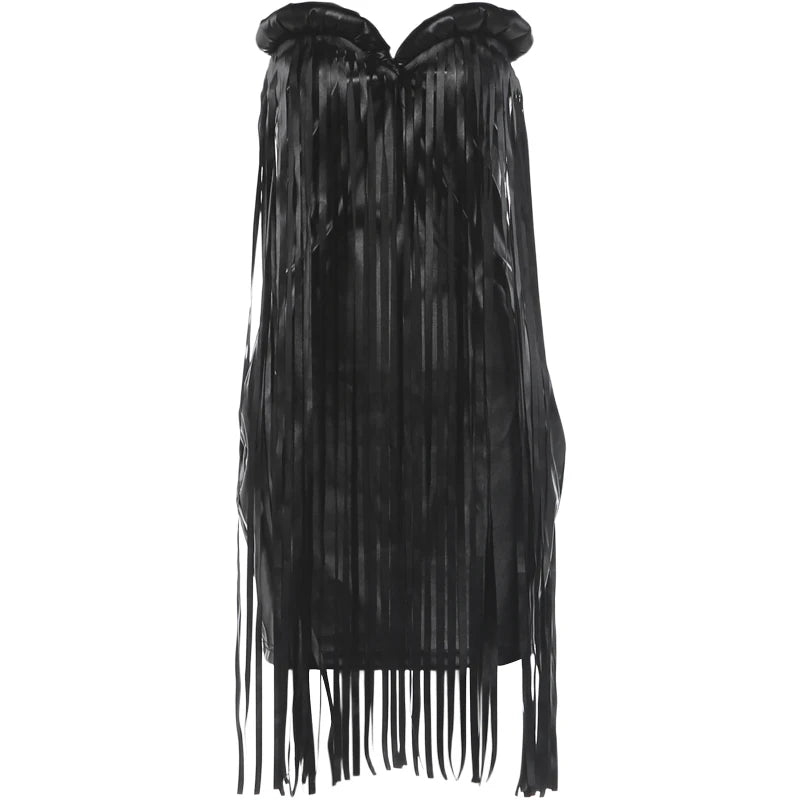Sleeveless Tassel Patchwork Leather Dress Women Sexy Wild Zip Fashion Coquette Midnight Party Club High Street Bodycon