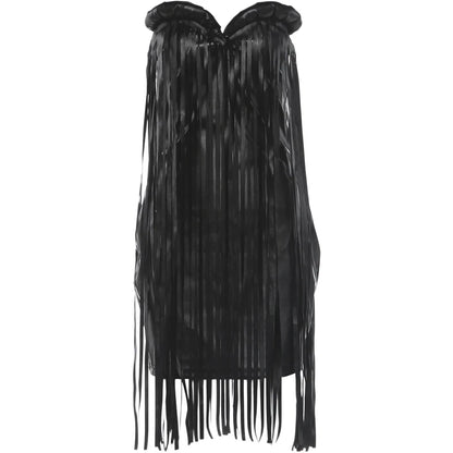 Sleeveless Tassel Patchwork Leather Dress Women Sexy Wild Zip Fashion Coquette Midnight Party Club High Street Bodycon