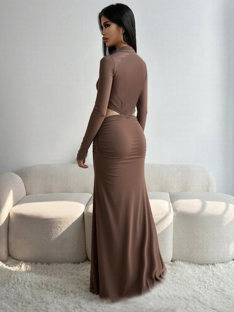 Patchwork Maxi Dress Women Waistless o-Neck Folds See Through Skinny Autumn Trend Elegant Banquet Chic Classic Vestidos