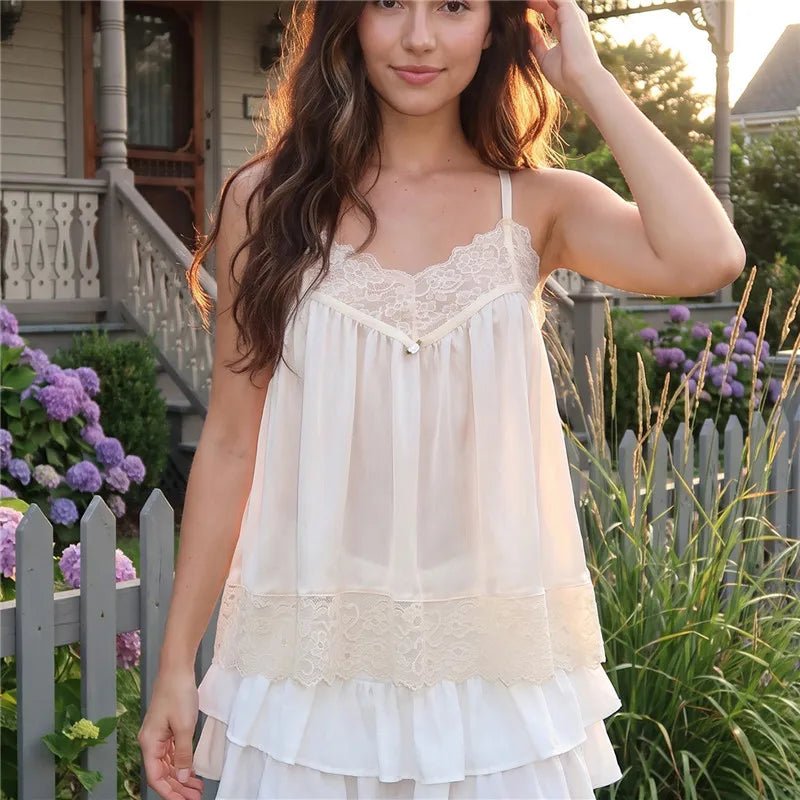 Vintage Lace Trim Cami Top Women V Neck Pearl Detail Loose Pleated Satin Camisole Sleeveless Casual Daily Tank Blouse