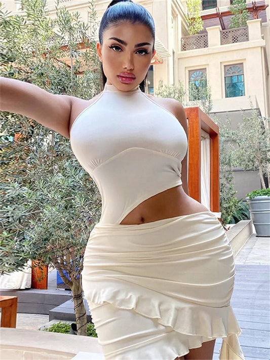 Sexy Hollow Waistless  Dress Women Halter Turtleneck Backless Sleeveless Ruffles Tassel Hottie Hipster Mini Bodycon