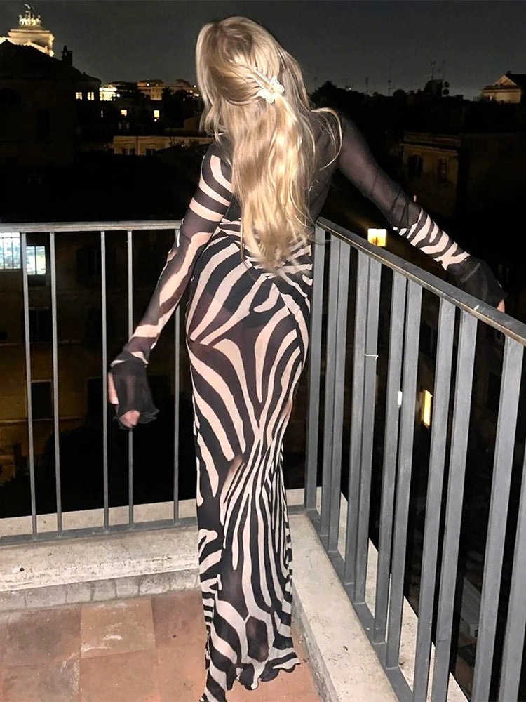 Mesh Patchwork Dress Women Fashion Print Low-Neck Sexy Cleavage Shirring Flared Sleeve Street Wild Style Long Bodycon