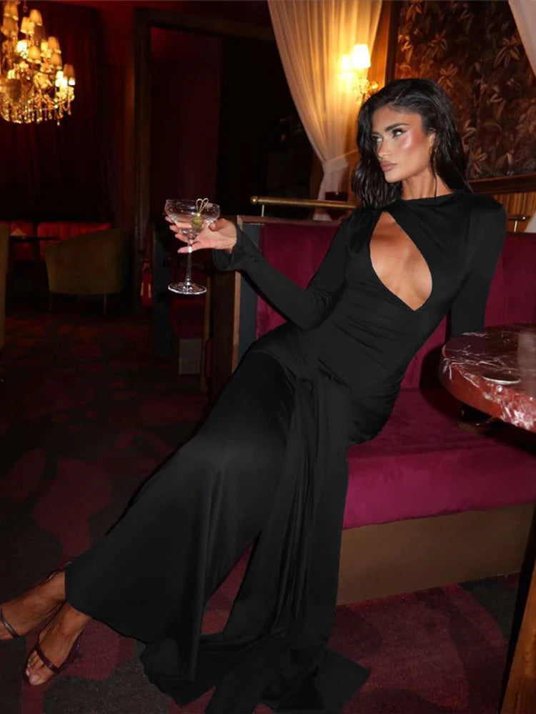 Christmas Hollow Maxi Dress Women o-Neck Folds Flare Sleeve Bandage Long Tassel Solid Skinny Elegant Banquet Vestidos