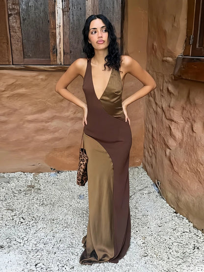 Fashion Backless Dress Women Sexy Bright Silk Patchwork Halter Sleeveless Simple Elegant Vacation Party Club Bodycon