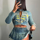 Y2K Denim 2 Piece Set Women Fall Ripped Letter Embroidery Zip Jacket+Pleated Skirt Matching Street Hipster Outfits