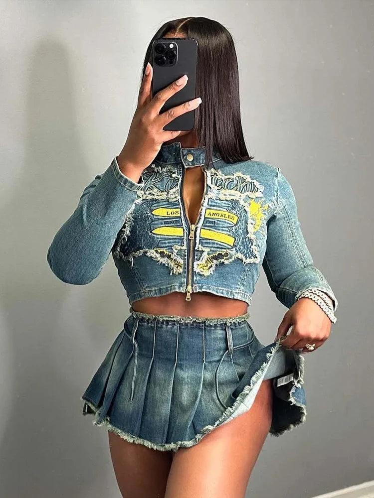 Y2K Denim 2 Piece Set Women Fall Ripped Letter Embroidery Zip Jacket+Pleated Skirt Matching Street Hipster Outfits