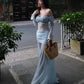 Off-Shoulder Maxi Dress Women Full Sleeve Folds See Through Hem Elegant Vacation Birthday Party Chic Autumn Vestidos