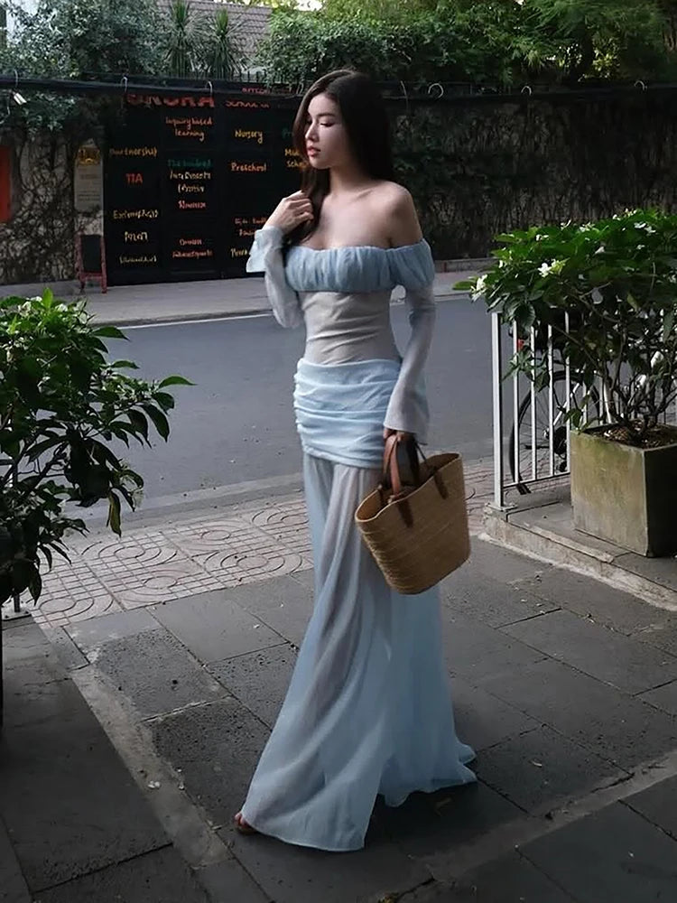 Off-Shoulder Maxi Dress Women Full Sleeve Folds See Through Hem Elegant Vacation Birthday Party Chic Autumn Vestidos