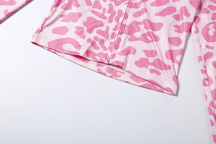 Classic Panelled Leopard Women 2 Piece Sets Hipster Letter Printed Zip-up Tops+Skinny Elastic Trousers Female Streetwear