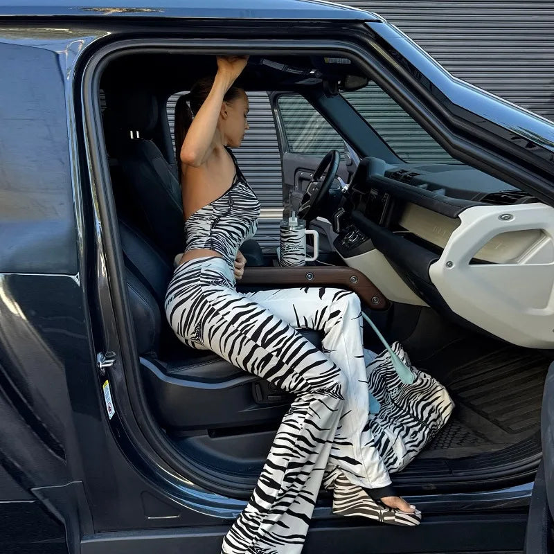 Zebra Print Two Piece Matching Set Halter Top and Pants Fashionable Woman Clothing Rave Outfits Y2k Streetwear