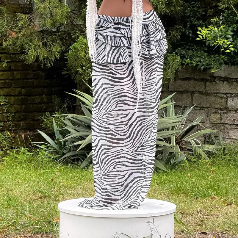 Zebra Printed Mesh See Through Skirt Sexy Vacation Beach Low Rise Long Maxi Skirts for Woman Clothing Summer