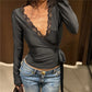 Women Lace Trim Wrap V Neck Long Sleeve Crop Top Side Tie Slim Fitted T Shirt Solid Color Fall Casual Y2K Crop Tee