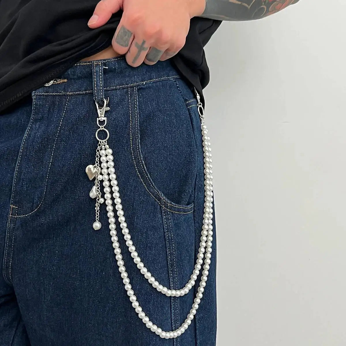 Exquisite Baroque Imitation Pearl Wallet Belt Chain Keychain Men Women Fashion HipHop Heart Pendant Jeans Chain Jewelry