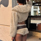 Sexy Furry Crop Jacket Women Basic Autumn Trend Button Lapel Full Sleeve Hottie Simple Wild Streetwear Clubwear Coat