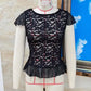 Women's Floral Lace Sheer T Shirt Blouse Short Sleeve Round Neck Ruffle Hem Fitted See-Through Top for Casual Party