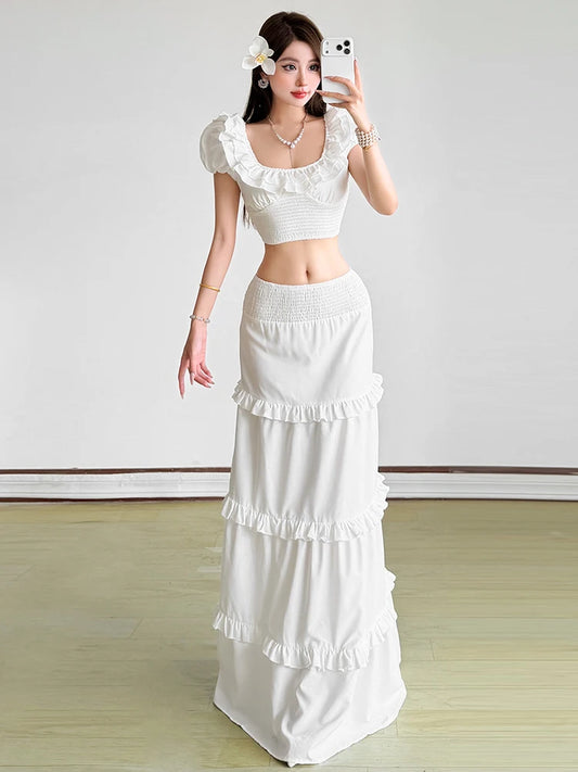 Summer Simple 2 Piece Set Women Simple Ruffled patchwork Mini Sleeve Elastic Hem T-Shirt+Cake Skirt Fashion Party Suits