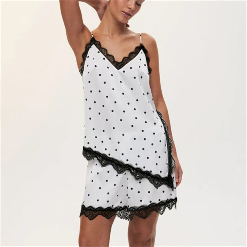 Women Summer Outfit Y2K Dots Print Lace Trim Spaghetti Strap Asymmetrical Cami Tops and Shorts 2 Piece Casual Set