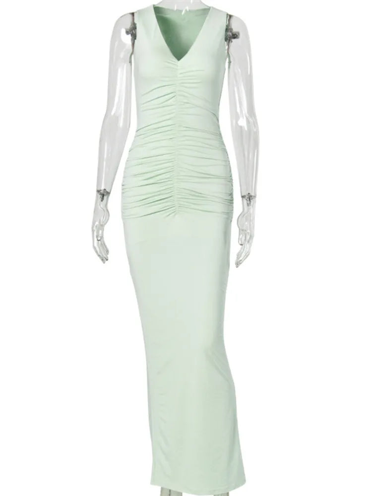 Deep V Neck Sleeveless Sexy Maxi Dress Women Elegant Ruched Bodycon Back Split Club Party Long Dress Female Clubwear
