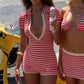Preppy Striped Knit Romper Turn Down Collar Short Sleeve Button Front Deep V Bodycon Playsuit Y2K Holiday Streetwear